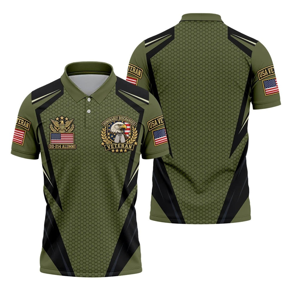 DD-214 Olive Hexagon Golf Polo Shirt, Golf Apparel For Men, Veterans Day Golf Shirt