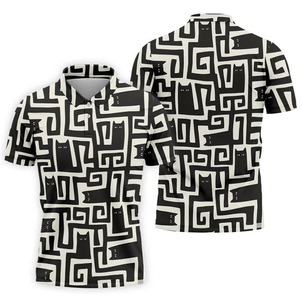 Minimalist Black Cat Maze Pattern Golf Polo Shirt, Men's Golf Shirt, Printed Golf Shirts