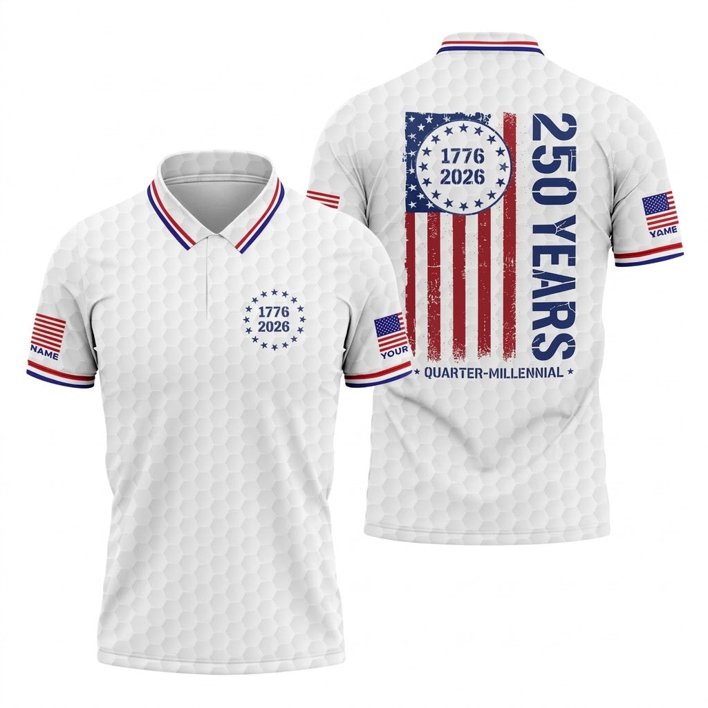 250 Years Quarter Millennnial Golf Ball Pattern White Patriotic Golf Shirt, 4th Of July Golf Shirts For Men