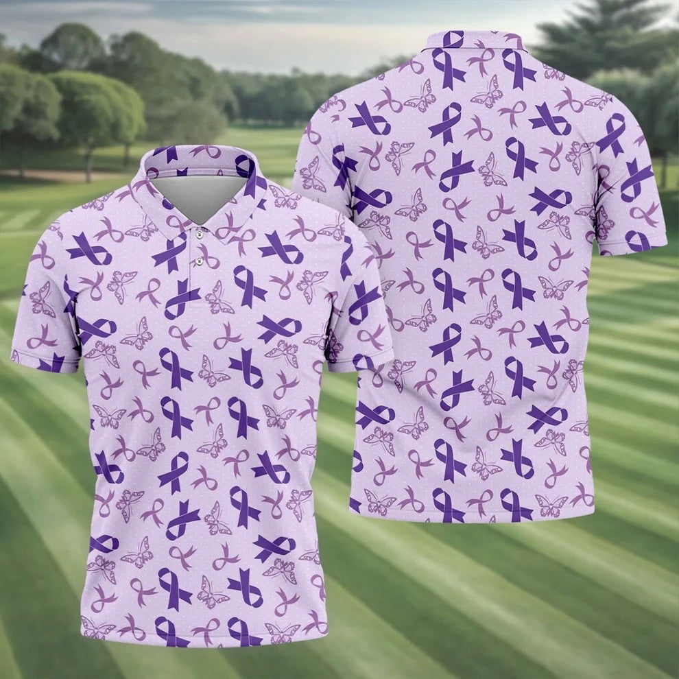 Breast Cancer Purple Ribbon Butterfly Polo Shirt, Mens Golf Polo, Breast Cancer Shirt