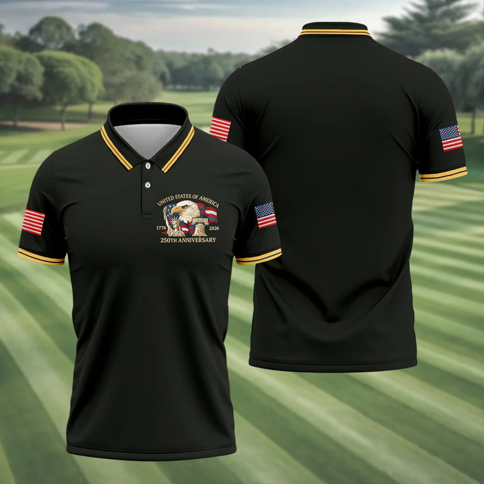 Bald Eagle American Flag 250 Years Black Golf Shirt, Patriotic 4th Of July Golf Shirts For Men