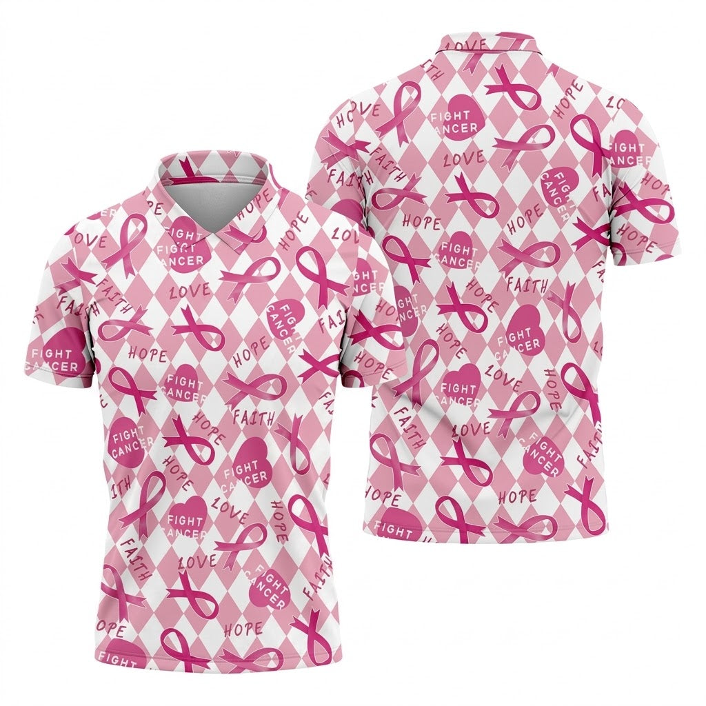 Faith Hope Fight Cancer Men's Golf Shirt, Breast Cancer Awareness Shirt, Golf Shirts For Men