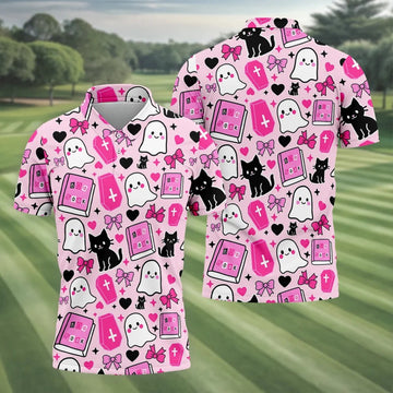 Halloween Boo And Cat Coquette Pink Golf Tops For Men, Fun Golf Shirts For Men, Polo ShirtFor Men
