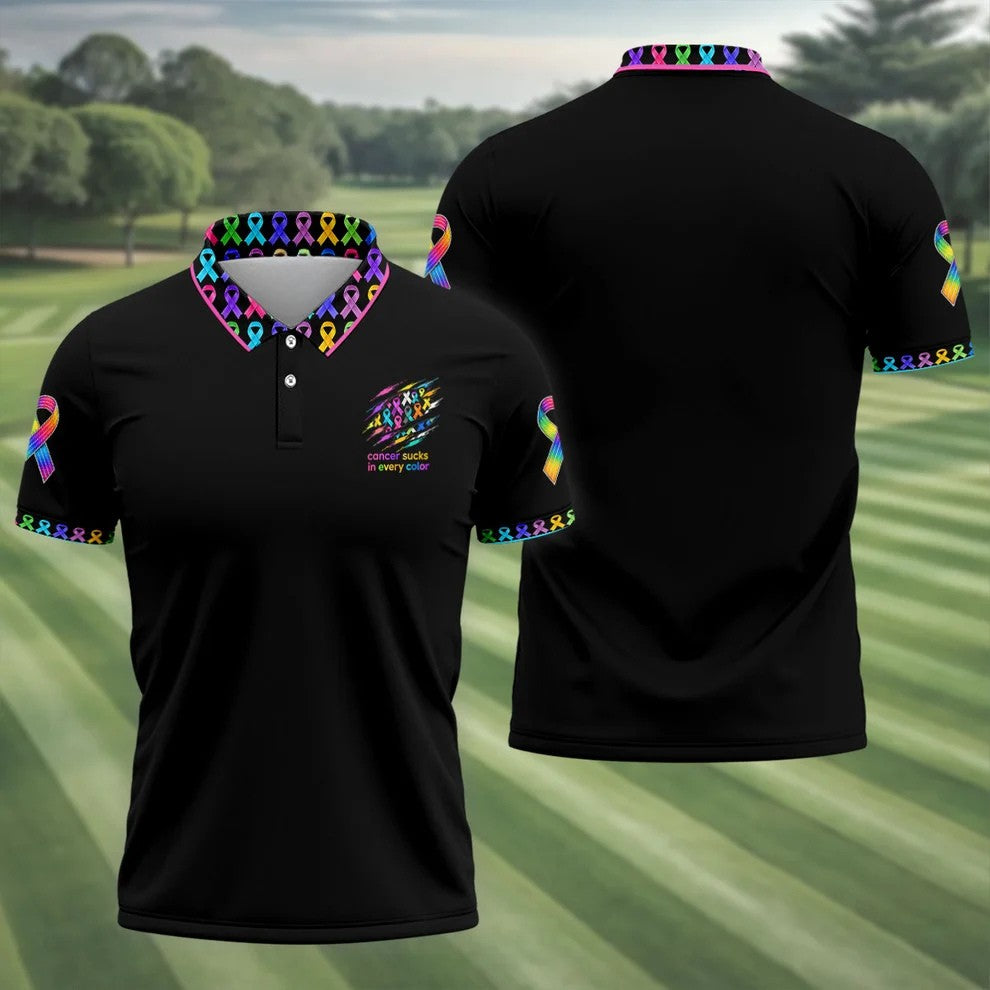 Cancer Sucks In Every Color Awareness Ribbon Polo Shirt, Golf Polo Shirts For Men