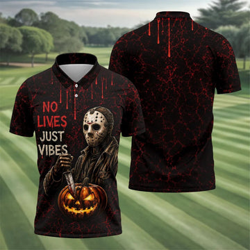 No Lives Just Vibes Halloween Horror Character Shirt, Golf Shirts For Men, Hawaiian Golf Shirt