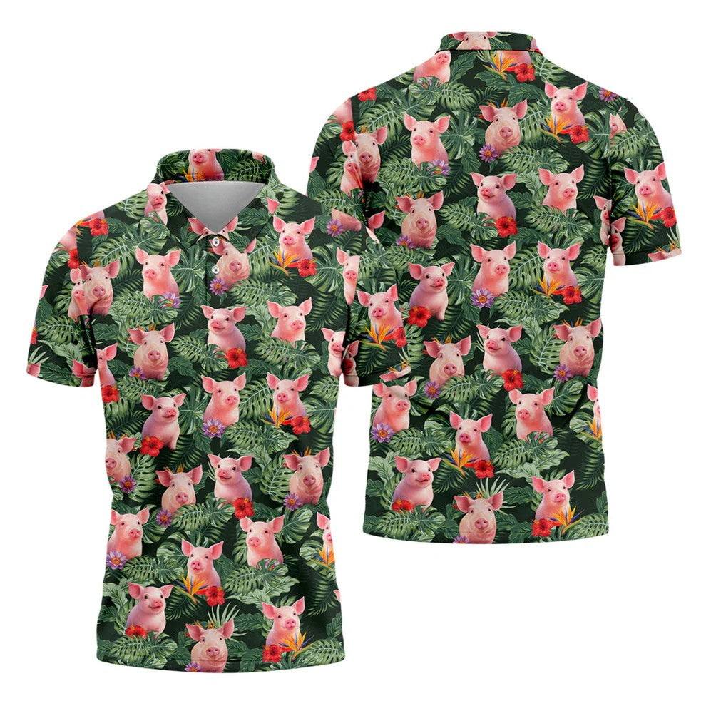 Cute Pig Tropical Monstera Hawaiian Golf Polo Shirt, Hawaiian Golf Shirt, Golf Shirts For Men