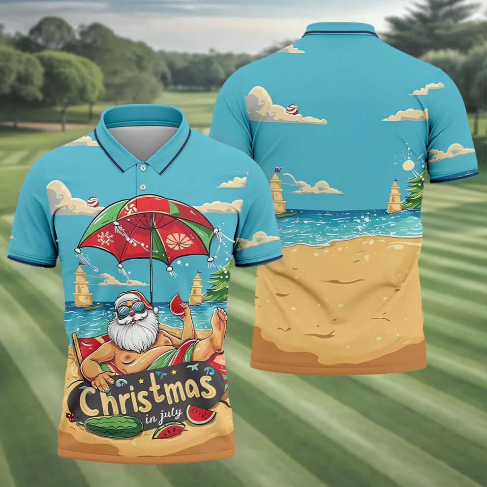 Christmas In July Santa Beach Christmas Golf Shirt, Men's Golf Shirt, Hawaiian Golf Shirt, Printed Golf Shirts