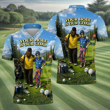 Your Hole Is Our Goal Funny Bigfoot Alien Golf Polo Shirt, Mens Golf Apparel, Golf Shirt