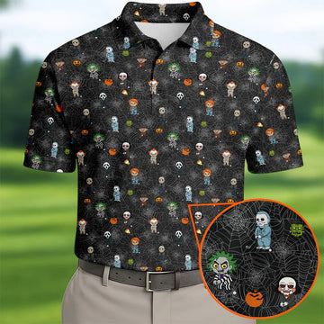 Funny Horror Character Black Golf Polo Shirt Horror Movie Shirt, Halloween Golf Shirt, Fun Golf Polos For Men