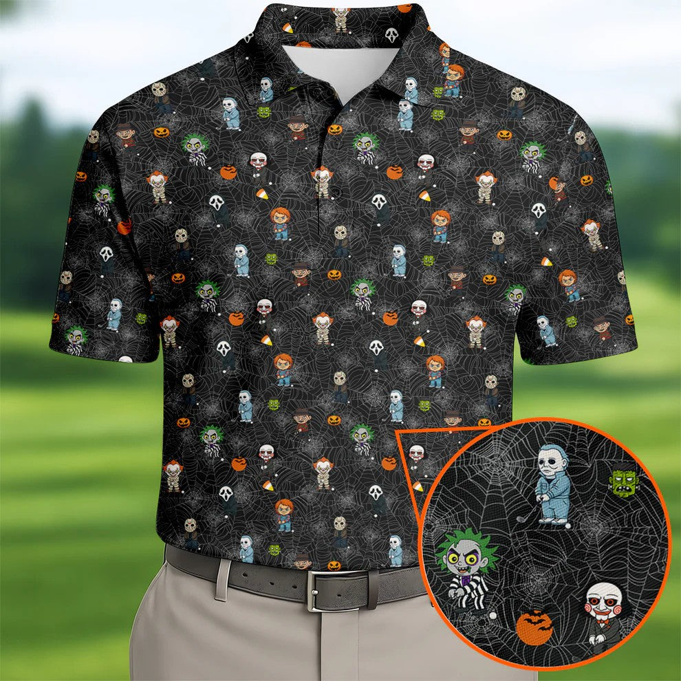 Funny Horror Character Black Golf Polo Shirt Horror Movie Shirt, Halloween Golf Shirt, Fun Golf Polos For Men