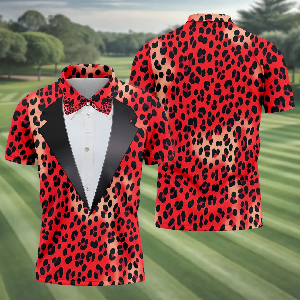 Red Leopard Funny Costume Hawaiian Golf Shirt, Polo Shirts For Men, Golf Shirts For Men