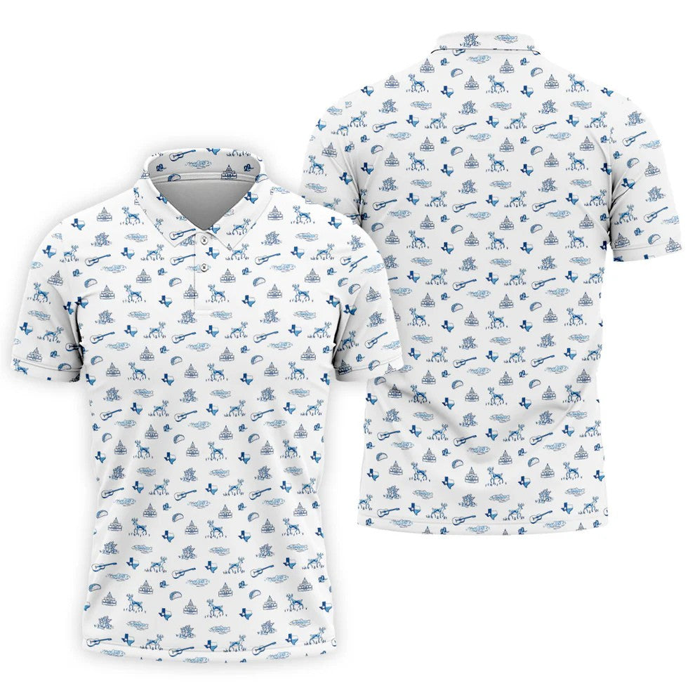 White Texas Icons Pattern Golf Polo Shirt, Hawaiian Golf Shirt, Golf Apparel For Men