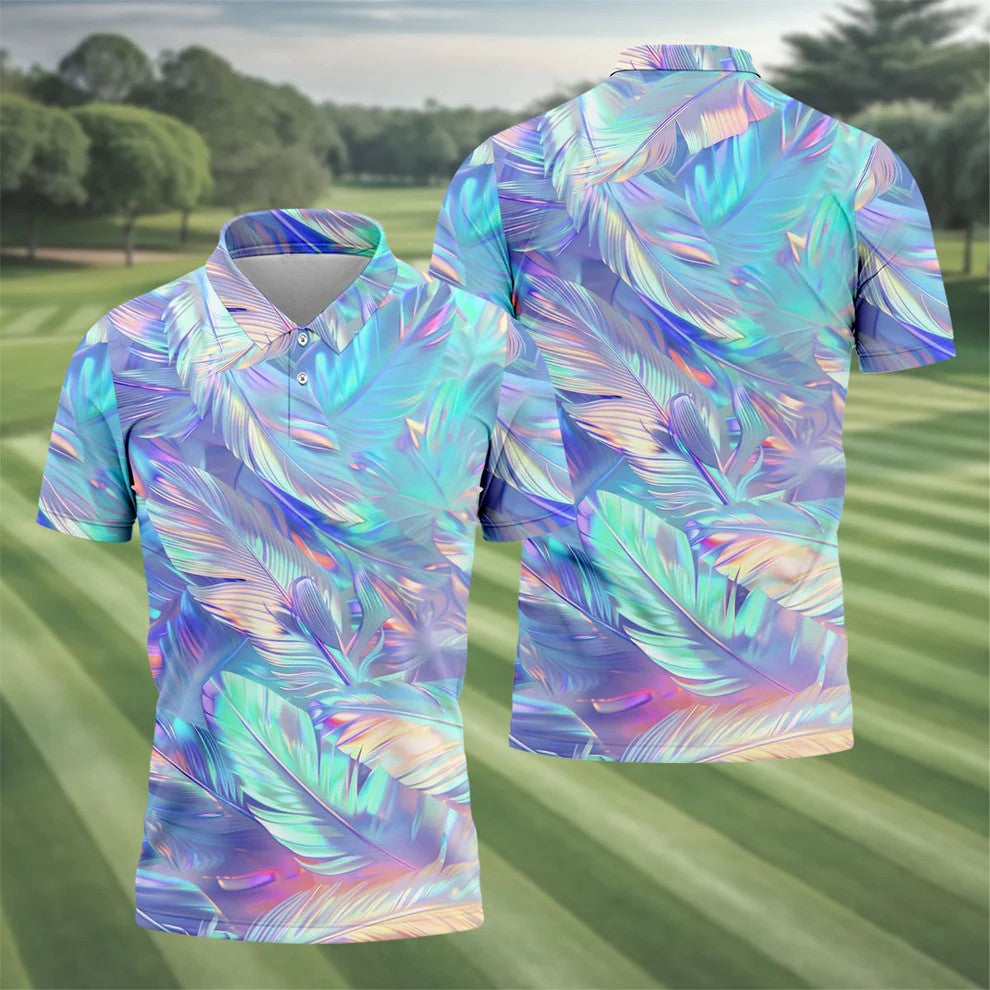 Pastel Gradient Feather Hawaiian Golf Shirt, Golf Tops For Men, Golf Shirts For Men