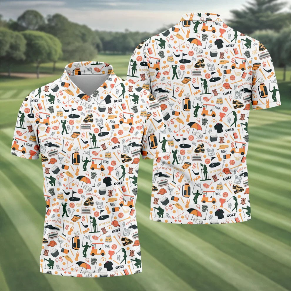 Golf Equipment Cart Ball Pattern Polo Shirt, Mens Golf Polo, Printed Golf Shirts
