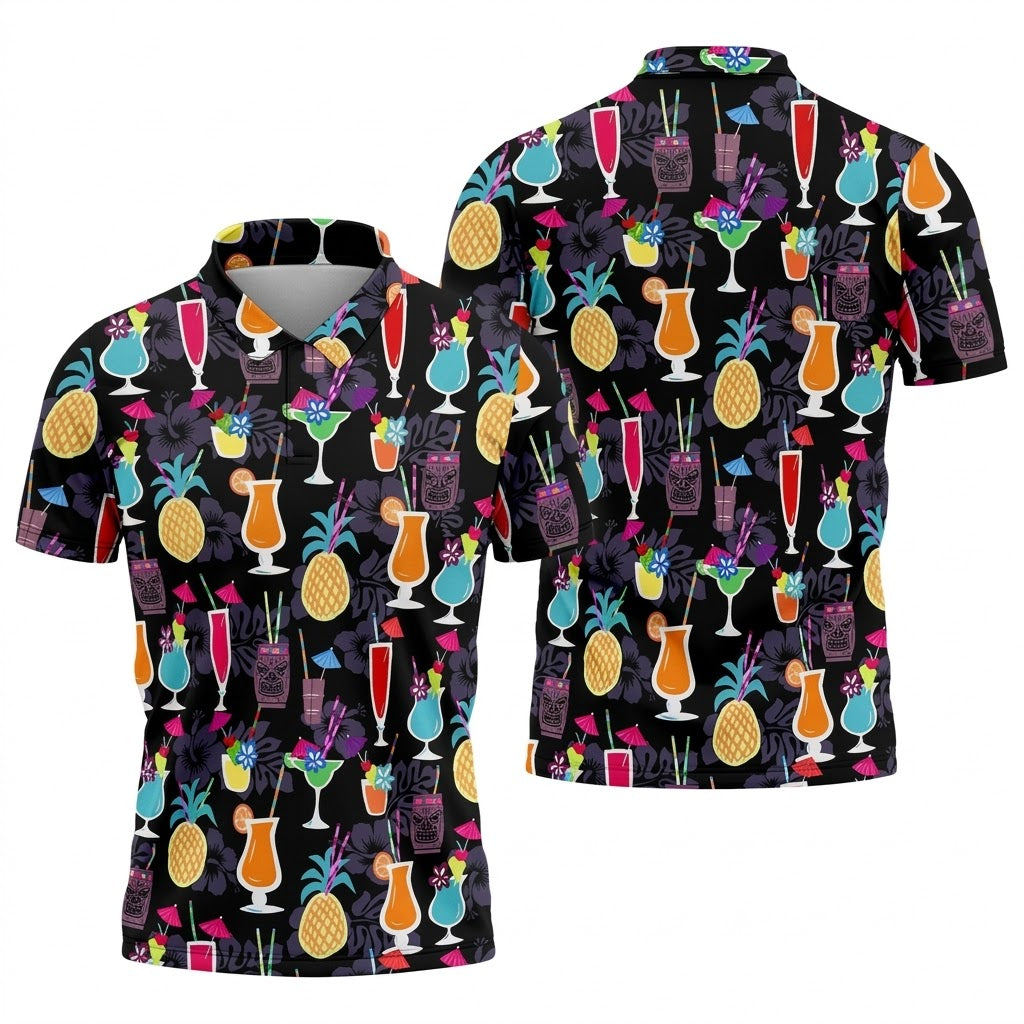 Tropical Drinks Dark Floral Cinco De Mayo Celebration Fiesta Themed Golf Tops For Men, Golf Shirts For Men