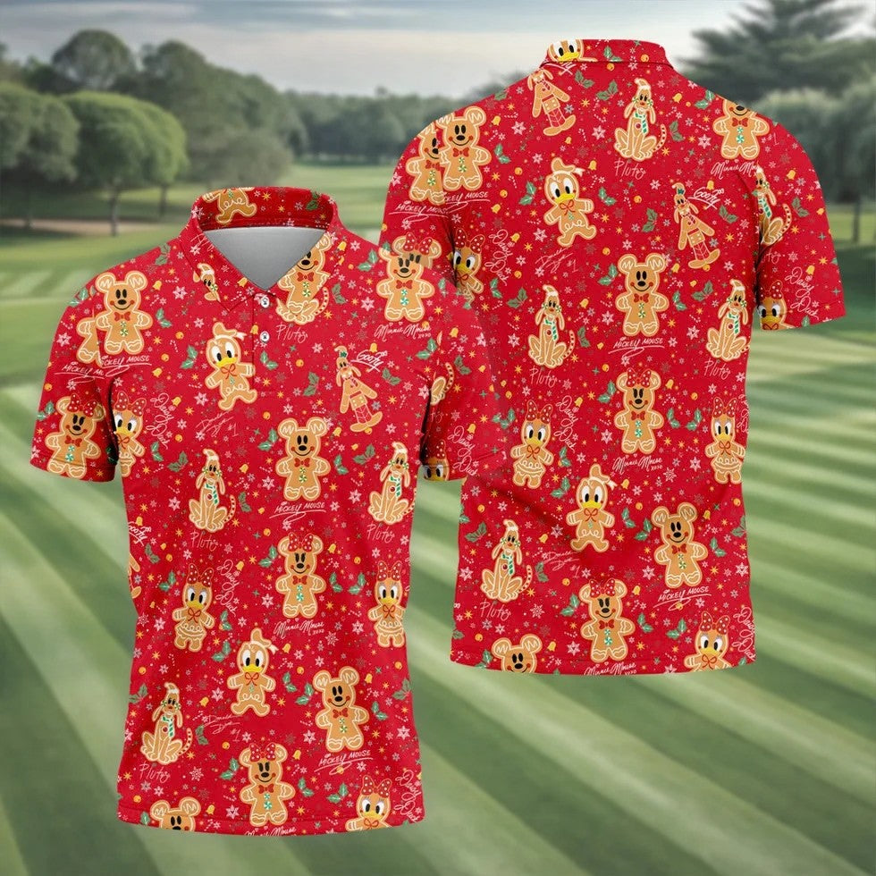 Cute Gingerbread Classic Cartoon Characters Christmas Golf Shirt, Fun Golf Shirts For Men, Golf Gift For Men