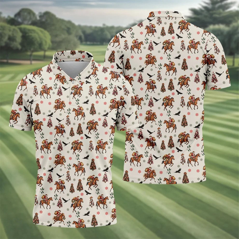 Cowboy Santa Riding Horse Christmas Golf Shirt, Mens Golf Apparel, Golf Gifts For Men