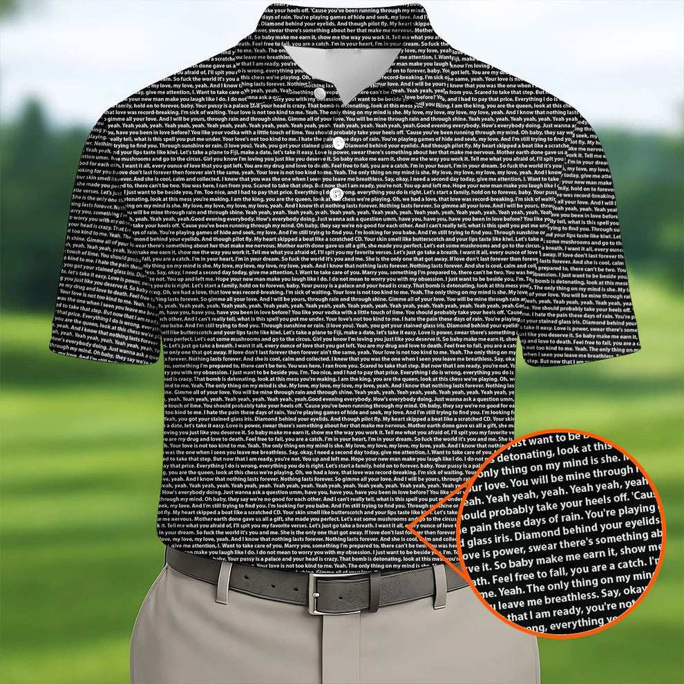 Black Text Pattern Golf Polo Shirt, Golf Shirts For Men, Printed Golf Shirts