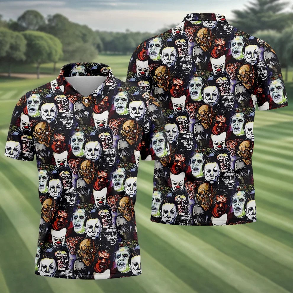 Horror Character Movie Villain Collage Golf Polo Shirt, Men's Golf Polo, Hawaiian Golf Shirt