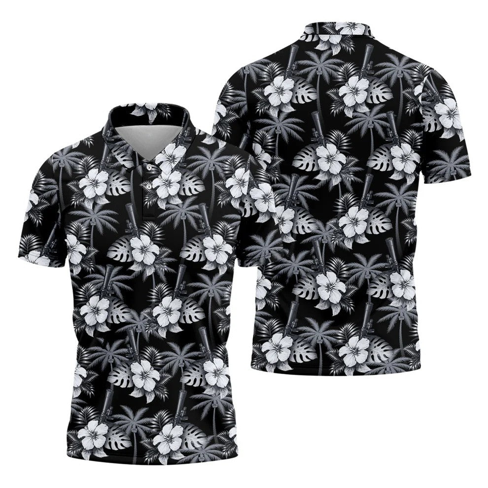 White Hibicus Black Hawaiian Golf Shirt, Tropical Summer Theme Golf Shirts For Men