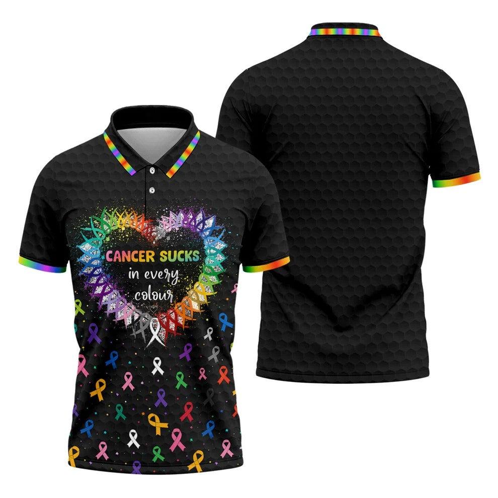 Cancer Sucks In Every Colour Awareness Ribbon Golf Polo Shirt, Mens Golf Apparel