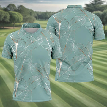 Tropical Leaves Blue Grey Golf Shirt, Summer Hawaiian Golf Shirt, Golf Shirts For Men