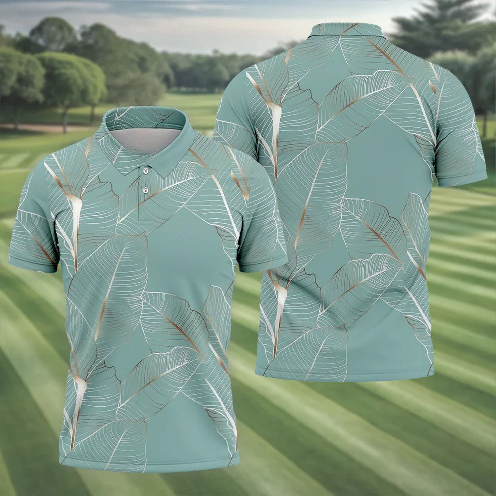 Tropical Leaves Blue Grey Golf Shirt, Summer Hawaiian Golf Shirt, Golf Shirts For Men
