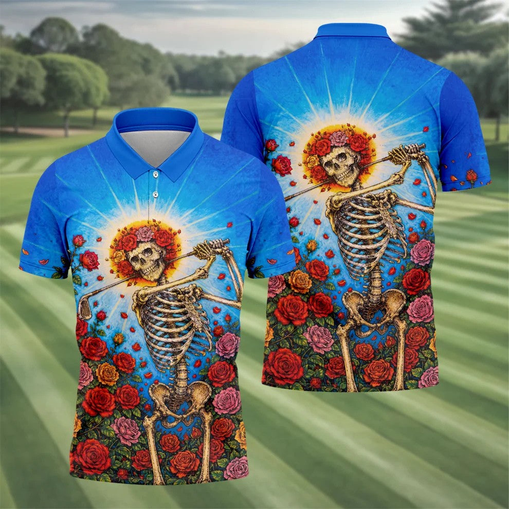 Skeleton Blowing Golf Club Halloween Polo Shirt, Men's Golf Shirt, Mens Golf Polo