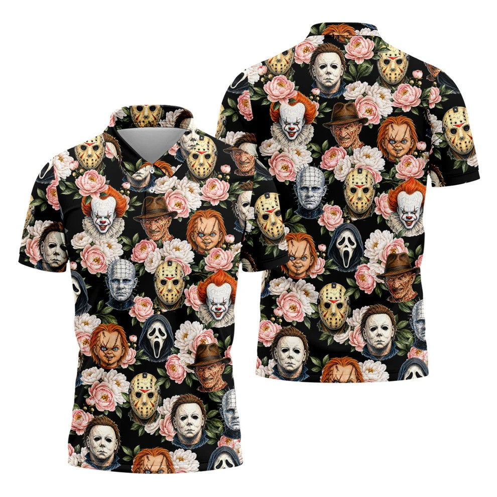 Horror Icons Floral Hawaiian Golf Shirt, Men's Golf Shirt, Printed Golf Shirts