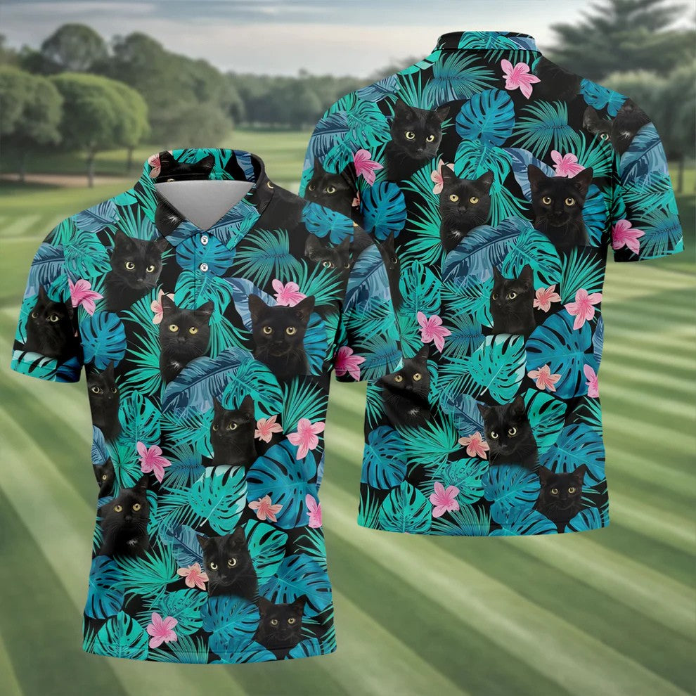 Black Cat Tropical Monstera Hawaiian Golf Polo Shirt, Hawaiian Golf Shirt, Golf Shirts For Men