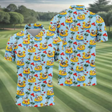 Men's Santa Duck Pool Float Hawaiian Golf Shirt, Christmas Golf Shirt, Golf Apparel For Men