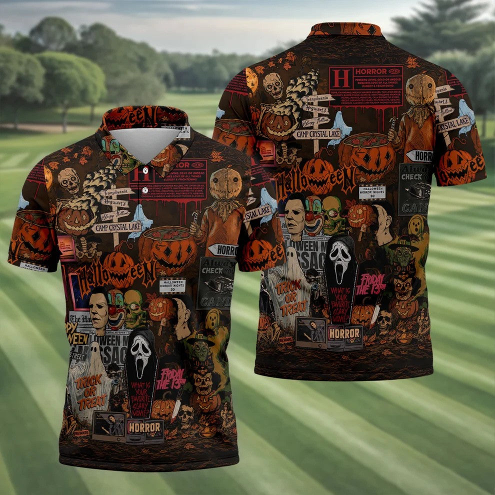 Horror Character Halloween Collage Golf Polo Shirt, Mens Golf Apparel, Polo Shirts For Men