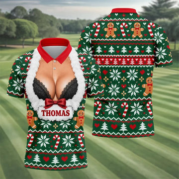 Custom Name Sexy Cleavage Christmas Golf Shirt, Mens Golf Polo, Golf Shirts For Men