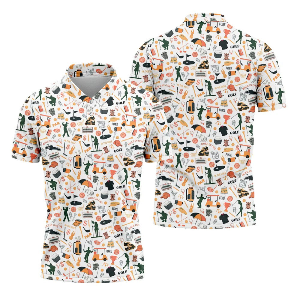 Golf Equipment Cart Ball Pattern Polo Shirt, Mens Golf Polo, Printed Golf Shirts