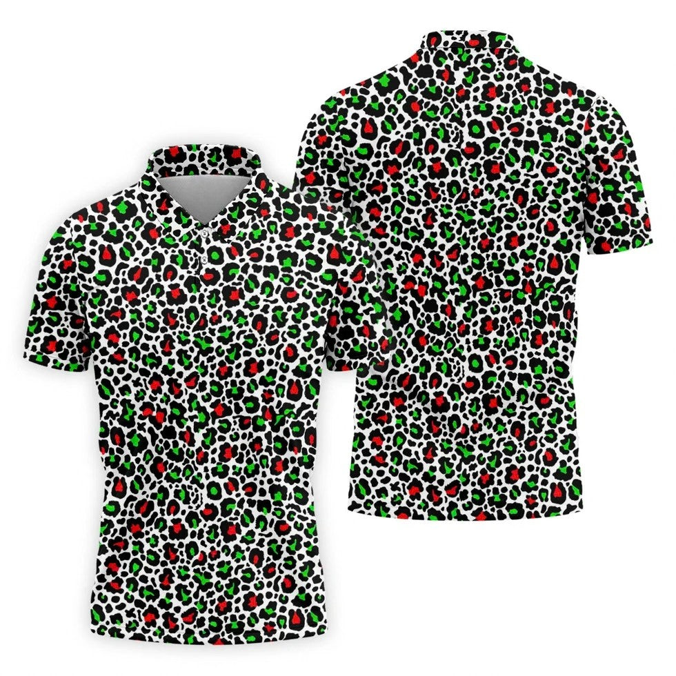 Leopard Pattern Xmas Pine Tree Green And Red Golf Tops For Men, Christmas Golf Shirt, Polo Shirts For Men