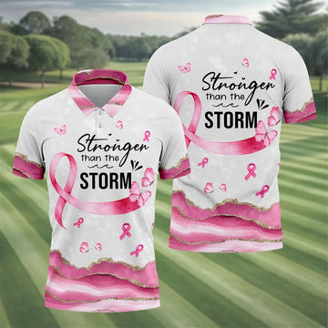 Stronger Than The Storm Breast Cancer Polo Shirt, Men's Golf Shirt, Printed Golf Shirts