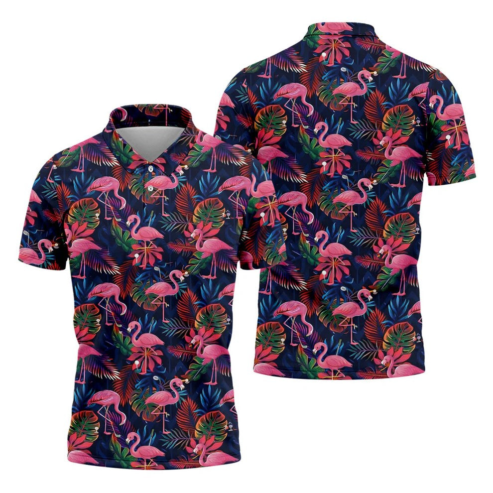 Dark Tropical Pink Flamingo Pattern Golf Shirt, Mens Polo Shirts, Hawaiian Golf Shirt, Printed Golf Shirts