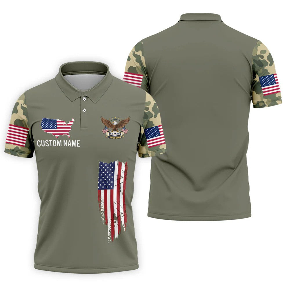 250 Years Freedom Eagle American Flag Camo Golf Shirt, Patriotic 4th Of July Golf Shirts For Men