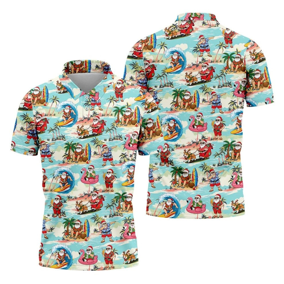 Funny Tropical Santa Beach Christmas Polo Shirt, Mens Golf Polo, Hawaiian Golf Shirt