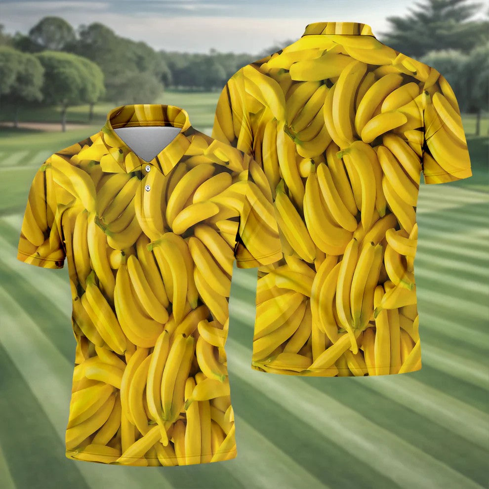Realistic Banana Print Hawaiian Golf Shirt, Polo Shirts For Men, Mens Golf Apparel