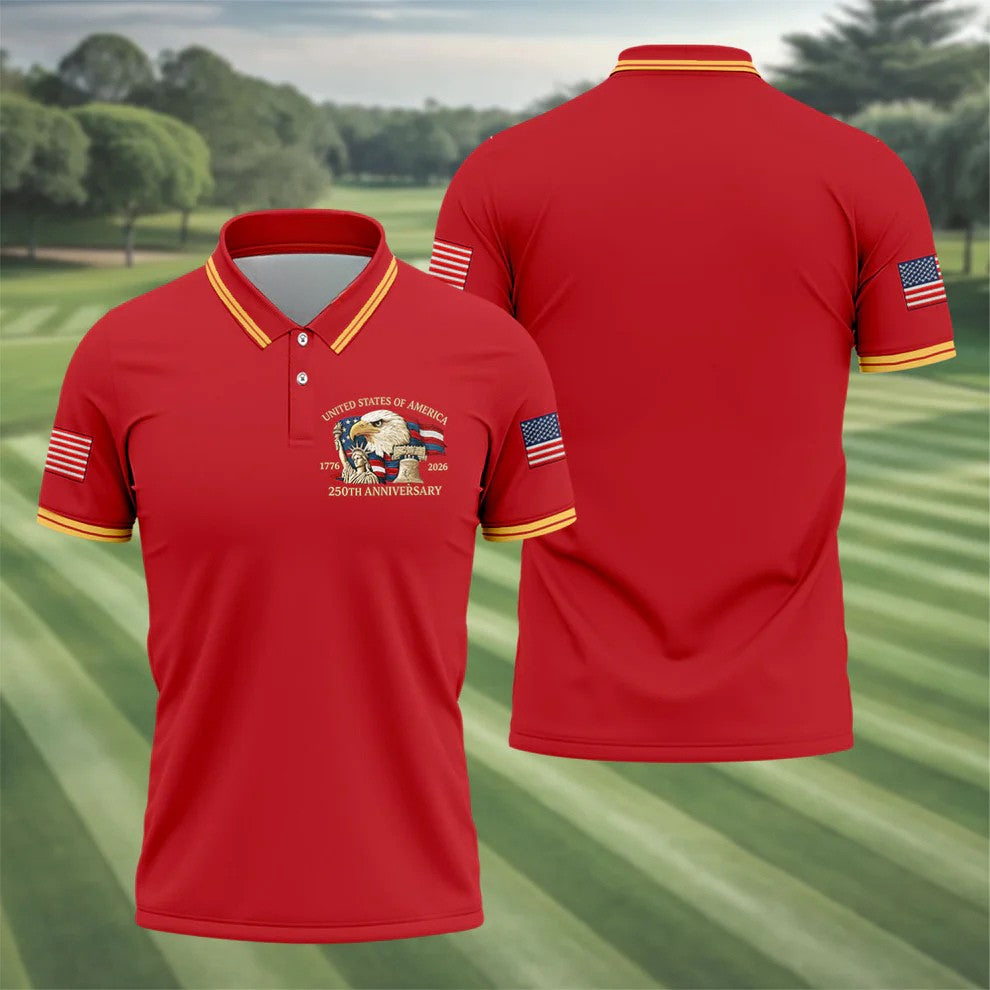 Bald Eagle American Flag 250 Years Red Golf Shirt, Patriotic 4th Of July Golf Shirts For Men