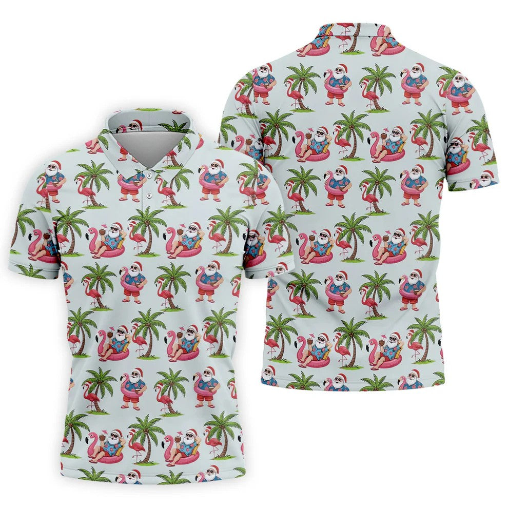 Tropical Santa Flamingo Beach Golf Polo, Christmas Golf Shirt, Golf Apparel For Men