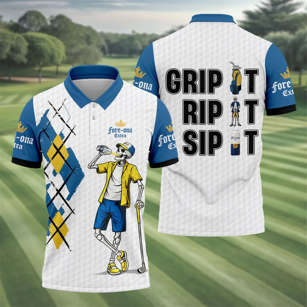 Blue Yellow Skeleton Golfer Beer Polo Shirt, Mens Golf Polo, Golf Apparel For Men