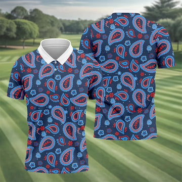 Blue Red Paisley Pattern Golf Polo Shirt, Golf Shirts For Men, Hawaiian Golf Shirt