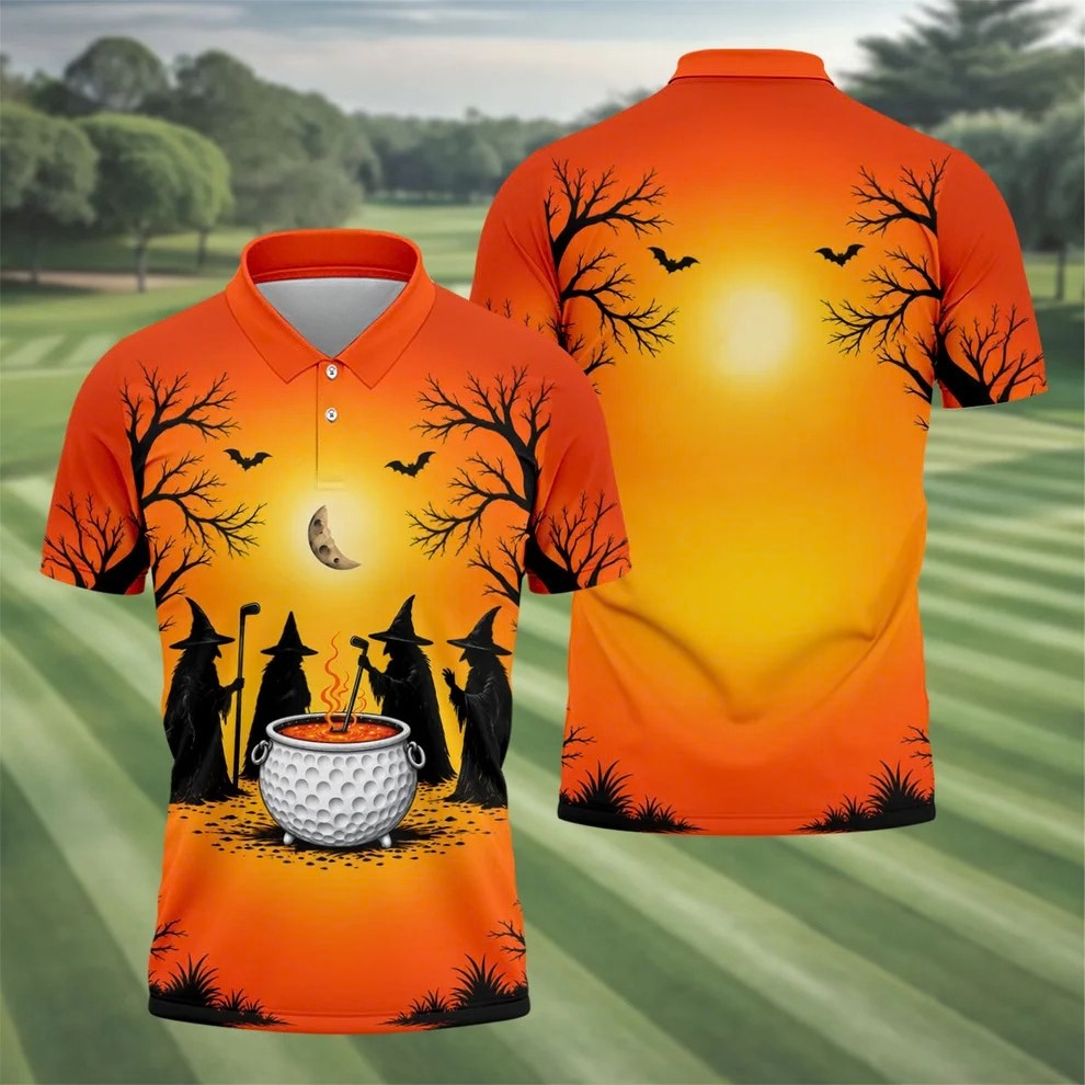 Witch Cauldron Halloween Golf Polo Shirt, Halloween Shirts For Men, Mens Golf Polo