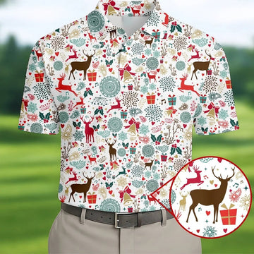 Vintage Reindeer White Christmas Golf Tops For Men, Gift Christmas Golf Shirt Polos, Men Golf Apparel