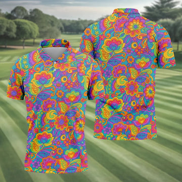 Vintage Psychedelic Floral Pattern Hawaiian Golf Shirt, Mens Golf Shirts, Golf Polo Shirts For Men
