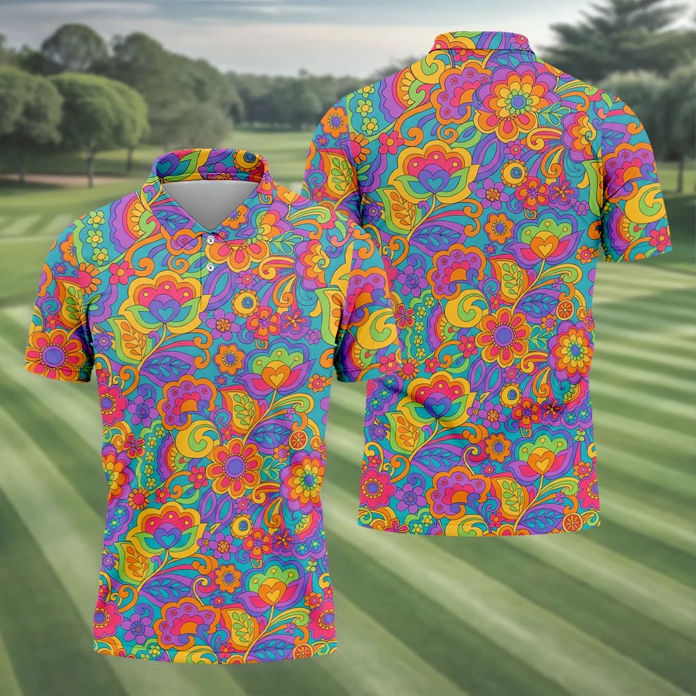 Vintage Psychedelic Floral Pattern Hawaiian Golf Shirt, Mens Golf Shirts, Golf Polo Shirts For Men