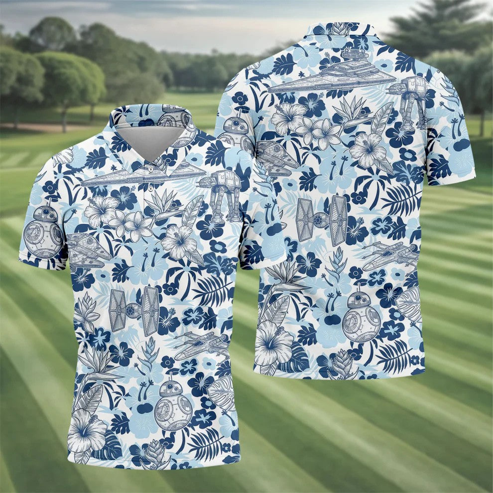Retro Spacecraft Hawaiian Golf Polo Shirt, Men's Golf Shirt, Printed Golf Shirts