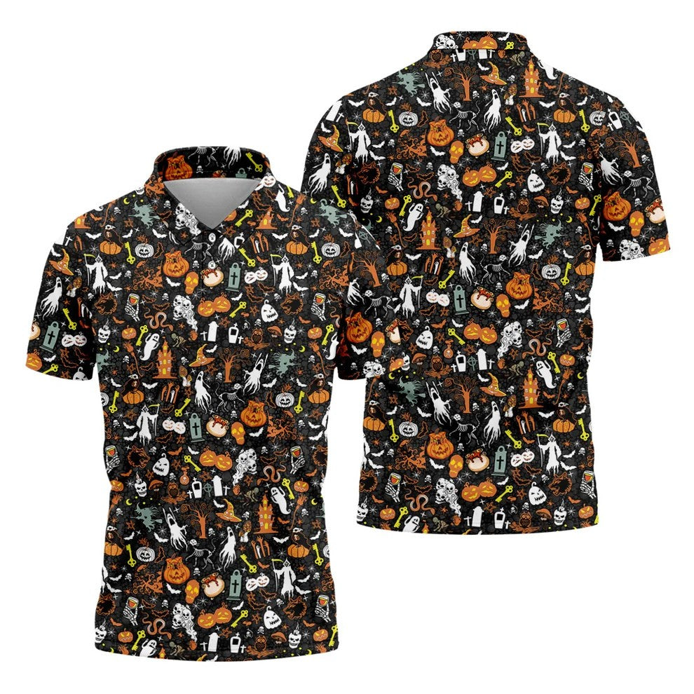 Trick or Treat Spooky Ghost Pumpkin Men's Golf Shirt, Halloween Golf Shirt, Fun Golf Shirts For Mens